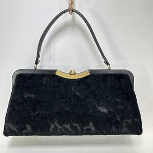 Vintage Verdi Handbag M Black Floral Velvet Hard Case Hinged Red Lined Handbag